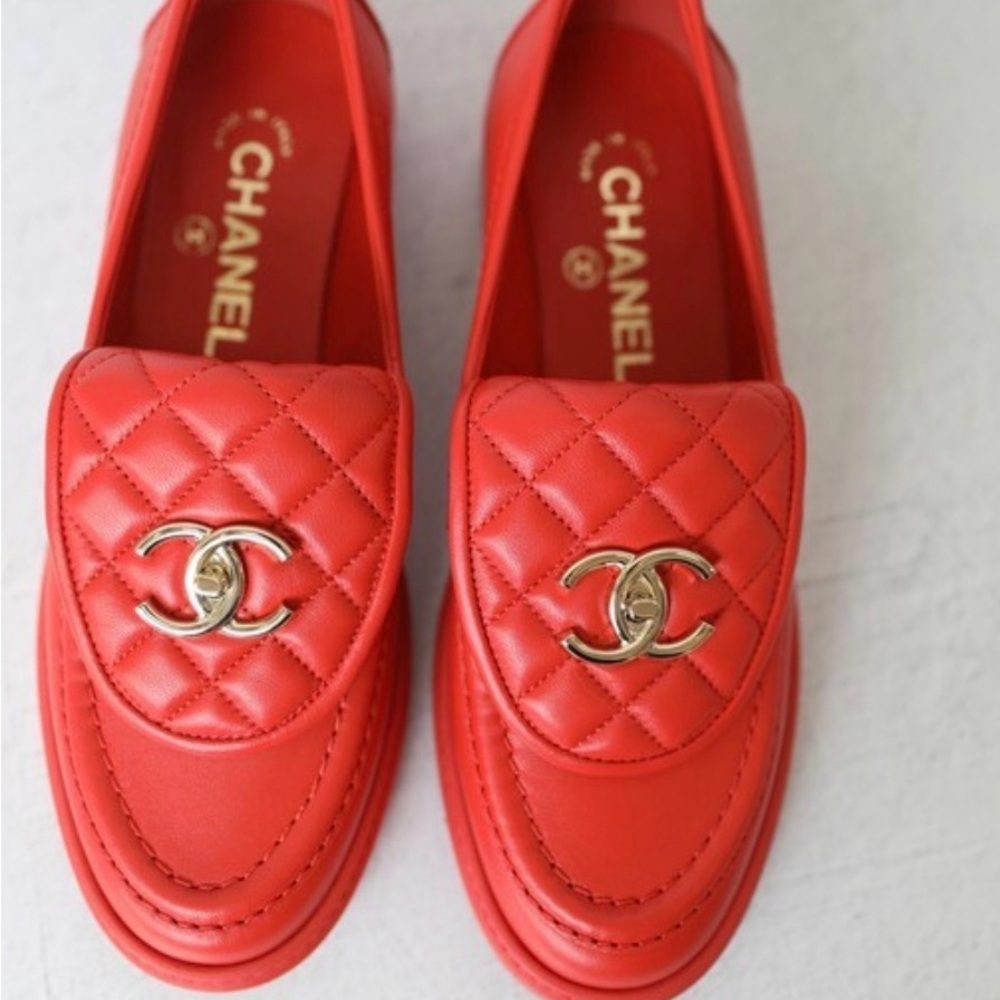 CHANEL Red Quilted Leather Loafers